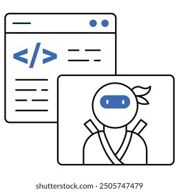 An icon representing AI-powered code development with a ninja figure and code symbols, showcasing programming automation, AI in software development, and smart coding practices.