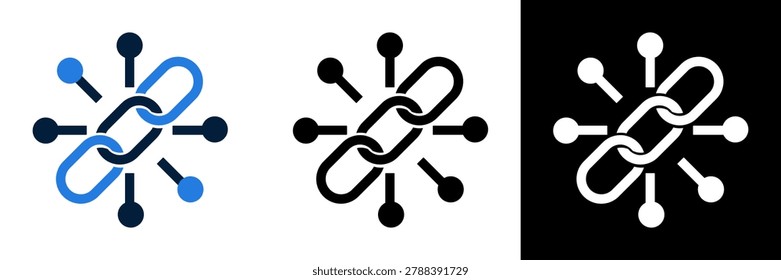 An icon representing blockchain technology, featuring interconnected links surrounded by nodes, symbolizing a decentralized network and secure data linkage.