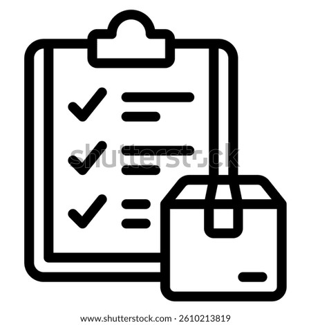 Icon representing a checklist with a package, ideal for logistics and inventory management applications.