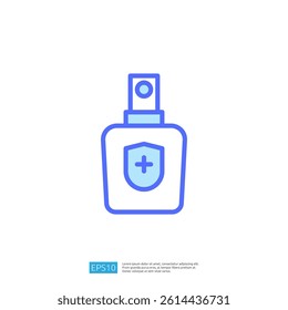 Icon Representing a Clean and Disinfect Spray Bottle with Health Protection Symbol in Blue Color Theme