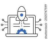 An icon representing cloud-based AI deployment with a rocket launching from a laptop, symbolizing innovation, cloud computing, and AI-driven development.