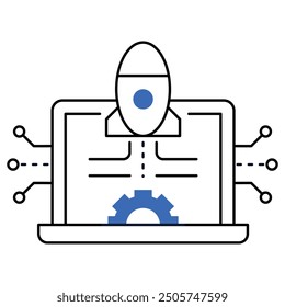 An icon representing cloud-based AI deployment with a rocket launching from a laptop, symbolizing innovation, cloud computing, and AI-driven development.