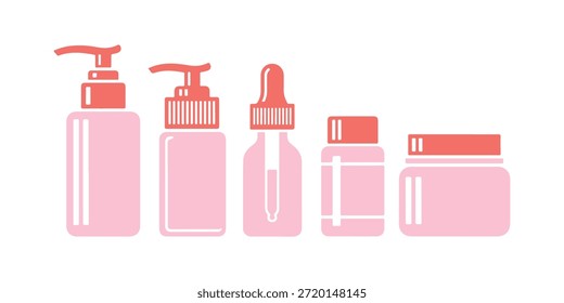 Icono que representa un conjunto colorido de botellas para el cuidado de la piel. Vector de belleza sobre una superficie blanca.