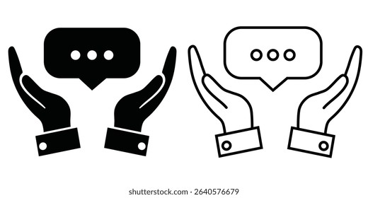 Icon representing communication with hands holding a speech bubble for messaging and interaction