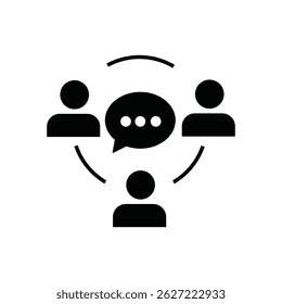 Icon representing communication and interaction among three individuals with a central chat bubble