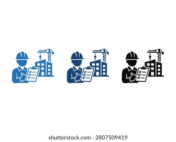 Icon representing a construction worker in a hard hat holding a clipboard with building plans, with a crane and unfinished building in the background.