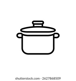 An icon representing a cooking pot is showcased in a sleek, simple black outline, making it perfect for illustrating culinary concepts with a modern touch on white background.