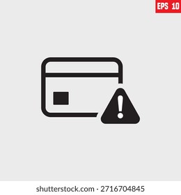 icono que representa un error de tarjeta de crédito o un fallo de pago. Presenta un contorno gris oscuro simple de una tarjeta de crédito. Un triángulo que contiene un signo de exclamación se superpone en la esquina inferior derecha, lo que indica una advertencia, un problema o un problema. 