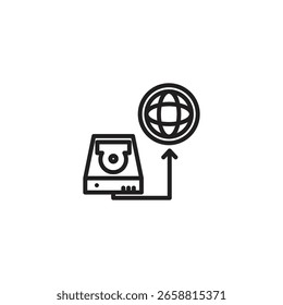 Um ícone que representa o carregamento de dados para uma rede global ou nuvem, apresentando um disco rígido portátil conectado por uma seta a um globo, simbolizando o compartilhamento de dados em todo o mundo.