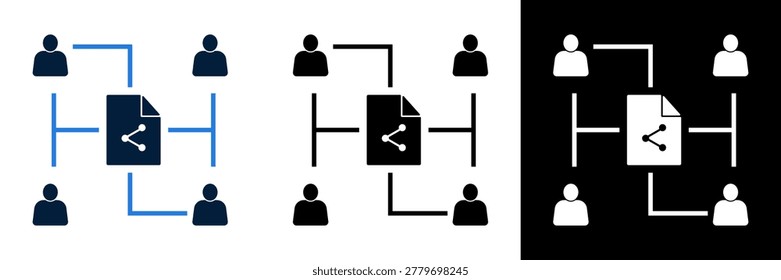 An icon representing a decentralized file sharing network, showing a document with a share symbol connected to four user icons, illustrating peer-to-peer data distribution and collaboration.