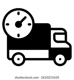 Icon representing a delivery truck with a clock, ideal for logistics and transportation applications.
