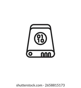 An icon representing digital data or backup, featuring a portable hard drive with binary code, symbolizing data storage and digital information.