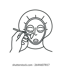 Ícone representando os cuidados faciais em cosmetologia, desenhado com linhas pretas finas. Mostra o rosto de um paciente usando uma máscara e um boné médicos, juntamente com uma mão segurando uma escova de descamação facial