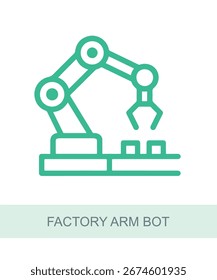 Um ícone que representa um bot de braço de fábrica, projetado para uso em IA e visuais relacionados à tecnologia.