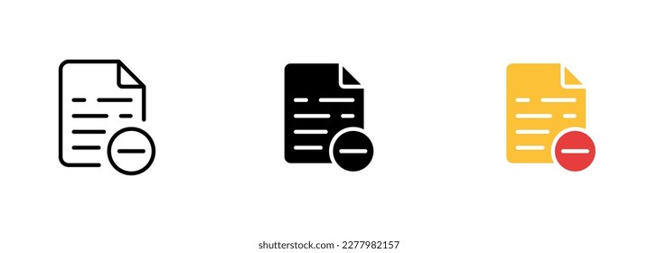 Un icono que representa un archivo con un signo menos, que indica la eliminación o eliminación de un archivo. Conjunto vectorial de iconos en línea, de color y negro aislados.