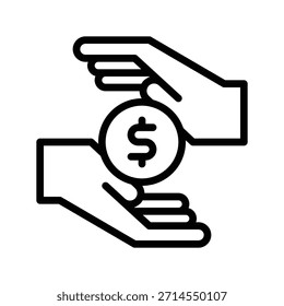 Un icono que representa la protección financiera, con dos manos acunando una moneda de un dólar. Diseño de interfaz de usuario de icono de línea única islámica.