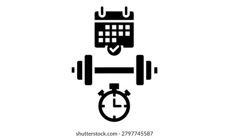 Icon representing a fitness schedule, featuring a calendar with a checkmark, a dumbbell, and a stopwatch, symbolizing workout planning and time management.