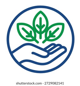 Ícone que representa uma mão leve com cúpula carregando três folhas verdes dentro de um contorno circular azul que simboliza a natureza e o crescimento
