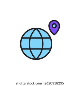 Icono que representa la conectividad global y el marketing digital con Earth y Locación Pin para estrategias de SEO y divulgación de Internet