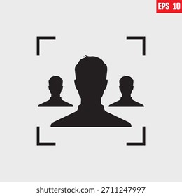 Icon representing a group of people within a focus frame, The focus frame around the central figure suggests ideas such as target audience, facial recognition technology, or human resources.