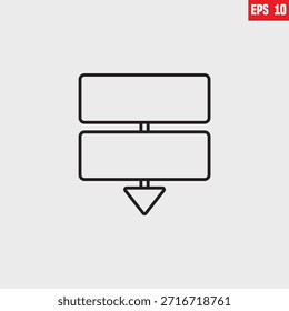 Icono que representa un símbolo de lineamientos o paneles. 
El ícono presenta dos paneles rectangulares apilados verticalmente, una línea de Vertical separa los paneles y una flecha apunta hacia abajo desde el panel inferior.
Es un diseño de contorno simple y monocular. 