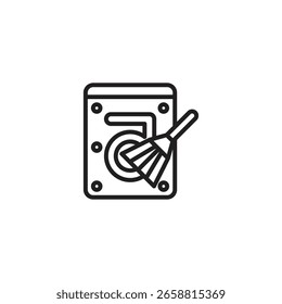 Ein Symbol, das die Festplattenbereinigung oder -entfernung darstellt, mit einer Festplatte, die von einem Besen überstrichen wird, der die Festplattenbereinigung oder -optimierung symbolisiert.