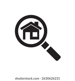 Icon representing house search magnified with a magnifying glass for real estate exploration