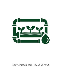 Icon representing a hydroponic farming system. Shows plants growing in a pipe structure with a water drop, symbolizing sustainable agriculture and water efficiency.