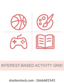 Um ícone que representa uma grade de atividades com base em interesses, projetada para uso em IA e recursos visuais relacionados à tecnologia.