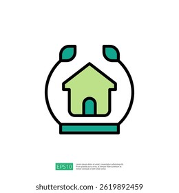 Icon Representing Law and Judgement with Green Home Surrounded by Leaves Symbolizing Environmental Sustainability in Legal Context