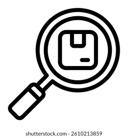 An icon representing a magnifying glass inspecting a box, ideal for e-commerce and packaging applications.