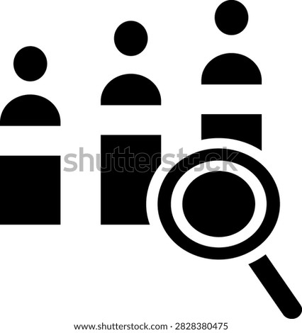 icon representing market research, target audience segmentation, or candidate screening. Simple blue vector graphics featuring a magnifying glass with human chart bars