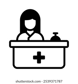 Icon representing a medical receptionist at a desk with a bell and cross