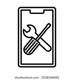 Um ícone que representa o reparo do dispositivo móvel, simbolizando serviços de consertos ou manutenção por telefone.