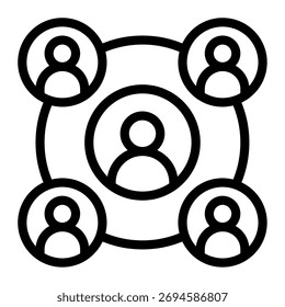 Icono que representa la conectividad de red y la comunicación entre múltiples usuarios o dispositivos, adecuado para App de tecnología y comunicación.