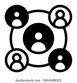 Icon representing network connectivity and communication between multiple users or devices, suitable for tech and communication apps.