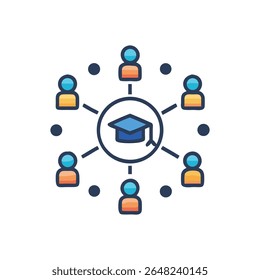 Ícone que representa o aprendizado em rede, apresentando pessoas conectadas com um teto de formatura no centro, em estilo plano.