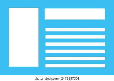 Icon representing newspaper layout featuring column text, material suitable visual graphics web design templates. Blue white color scheme bold rectangles