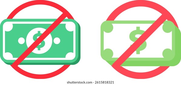 An icon representing no money or payment allowed, featuring a red prohibition sign over currency symbols in a flat design style.illustrating concepts of forbidden transactions or lack of funds.