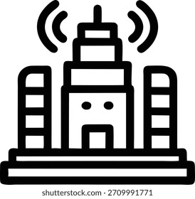 Um ícone que representa um edifício de escritórios. A estrutura é coberta por uma torre de comunicação. Ótimo para infográficos, blogs técnicos ou sites corporativos. Isolado em branco com espaço de cópia
