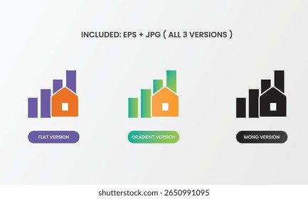 Icon representing property value increase with bar chart and house element. Great for real estate analytics, investment, and housing reports. Flat, gradient, mono styles.