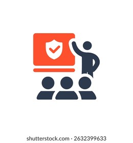 An icon representing a safety training session with a speaker and an engaged audience, highlighting the significance of workplace safety education and collaborative learning for better outcomes
