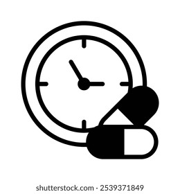 Icon representing scheduled medication time, featuring a pill and a clock
