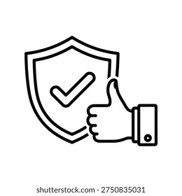 Icon representing security and approval with a shield checkmark and thumbs up isolated on transparent background