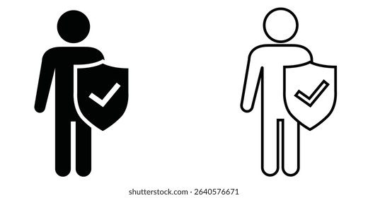 Icon representing security and protection with a shield and check mark in black and white style
