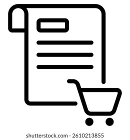 Icon representing a shopping cart and document, ideal for e-commerce and web applications.