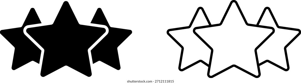 Icon representing three stars in black and white color on a plain background with simple design