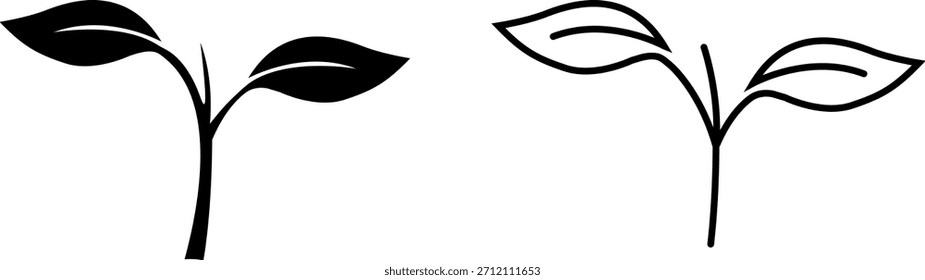 Icono que representa dos diseños de plantas simples con hojas mostradas en blanco y negro sobre un fondo liso