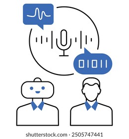 Un icono que representa la tecnología de reconocimiento de voz con un micrófono, haciendo hincapié en los asistentes virtuales impulsados por IA, la domótica inteligente, la conversión de voz a texto y el procesamiento del lenguaje natural.