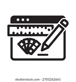Ícone que representa o design da Web, o processo de desenvolvimento e as ferramentas criativas, incluindo paleta de cores, régua e lápis.